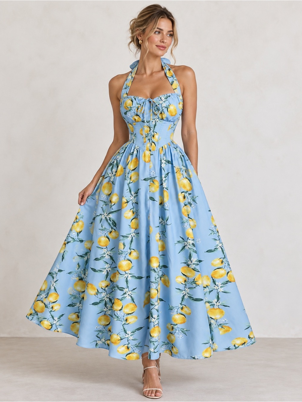 Halter Midi Dress with Lemon Print - Light Blue